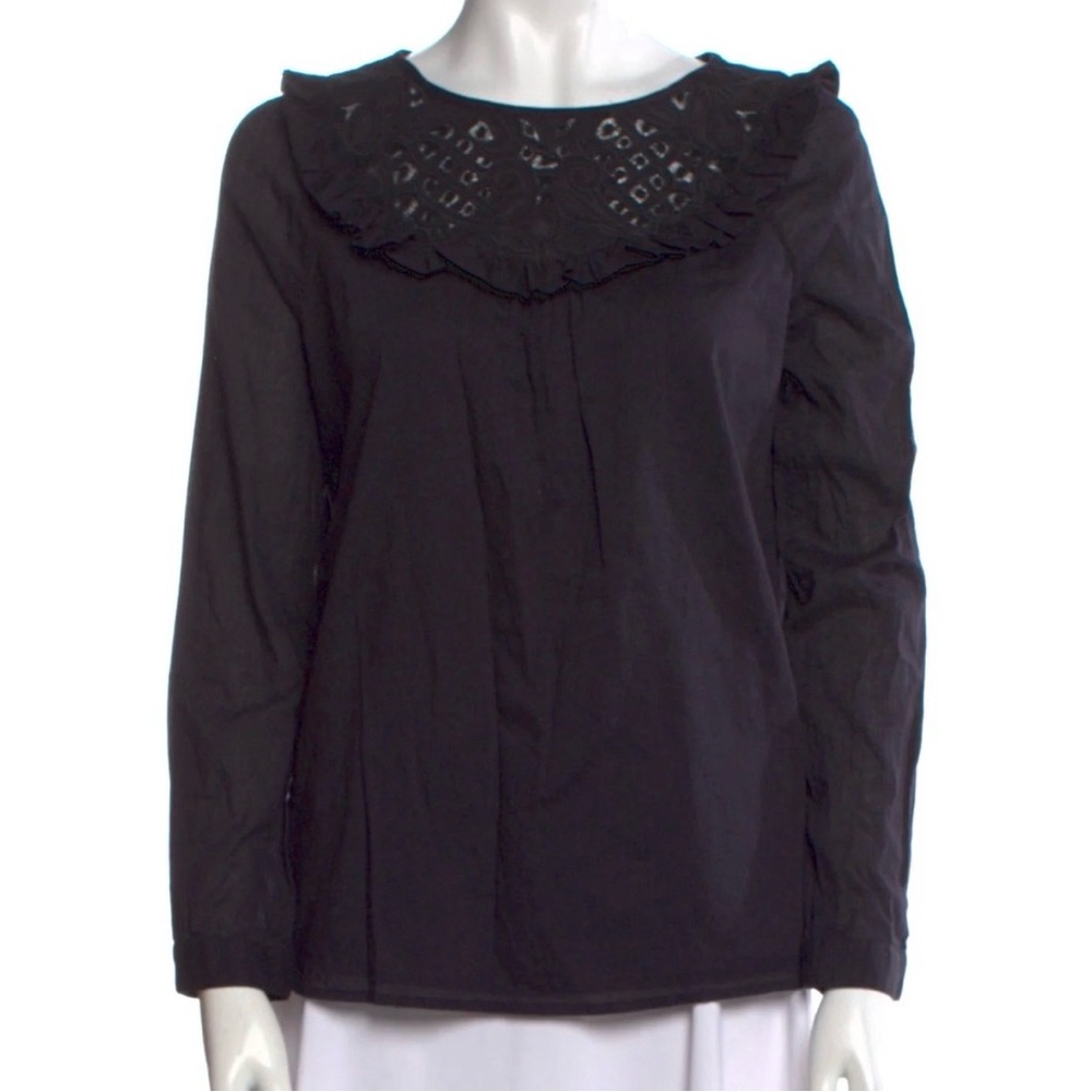 38 Sezane Navy Ruffle Lace Blouse